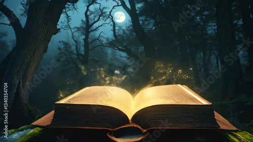 Discovering magic in an ancient forest with an open book under the full moon