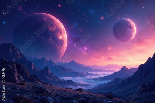 Galactic landscape with stars and planets in the background, galaxy, interstellar space, starfield