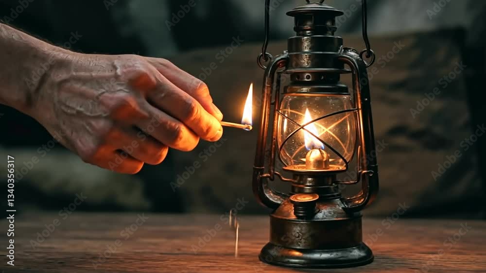 Lighting Oil Lantern with Burning Match in Dimly Lit Room