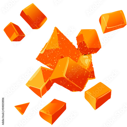 A dynamic and vibrant illustration of shattered caramel or toffee pieces, showcasing glossy, golden-orange fragments that appear to be breaking apart in mid-air.

