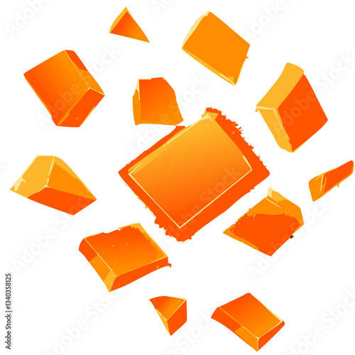 A dynamic and vibrant illustration of shattered caramel or toffee pieces, showcasing glossy, golden-orange fragments that appear to be breaking apart in mid-air.

