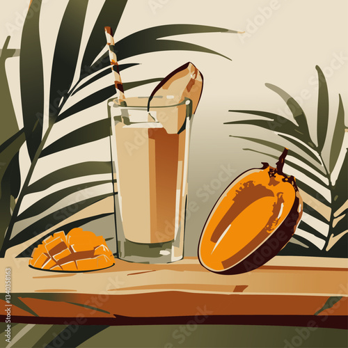 A stylish and tropical illustration of two tall glasses filled with a rich, dark fruit juice, garnished with slices of orange, papaya, and peach, accompanied by fresh fruits and elegant straws.

