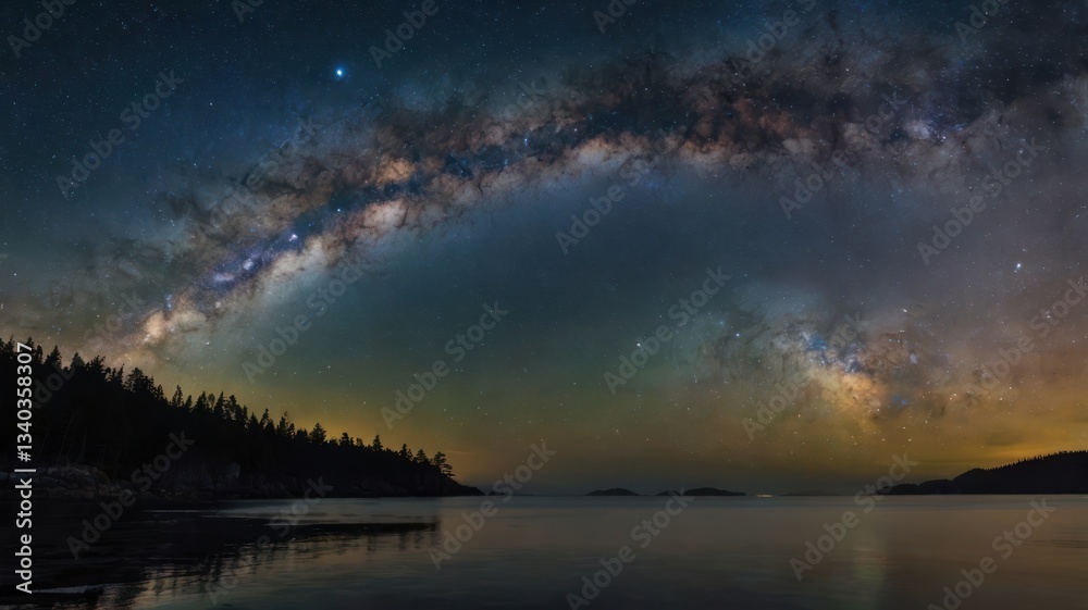 Milky Way arching over tranquil coastline Milky Way arching over tranquil coastline