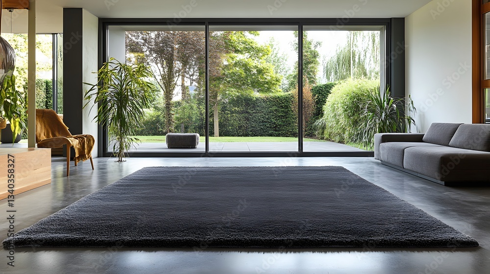 Fototapeta premium Modern living room showcases dark rug and garden view