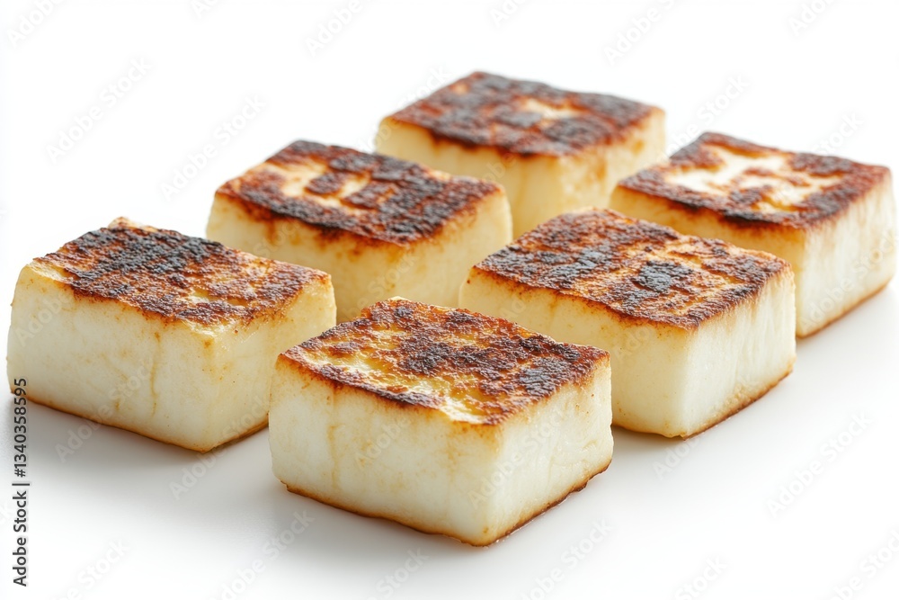 Delicious grilled halloumi cheese cubes on a white surface culinary delight food photography studio shot close up appetizing texture and golden brown crust Delicious grilled halloumi cheese cubes on a white surface culinary delight food photography studio shot close up appetizing texture and golden brown crust