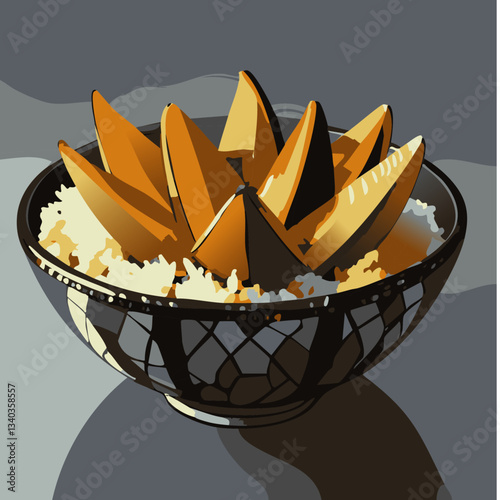 A vibrant and appetizing illustration of a bowl of Thai mango sticky rice, featuring perfectly cubed golden mango atop soft, glutinous rice, garnished with green leaves for a fresh presentation.

