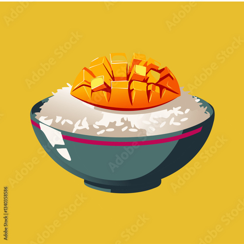 A vibrant and appetizing illustration of a bowl of Thai mango sticky rice, featuring perfectly cubed golden mango atop soft, glutinous rice, garnished with green leaves for a fresh presentation.

