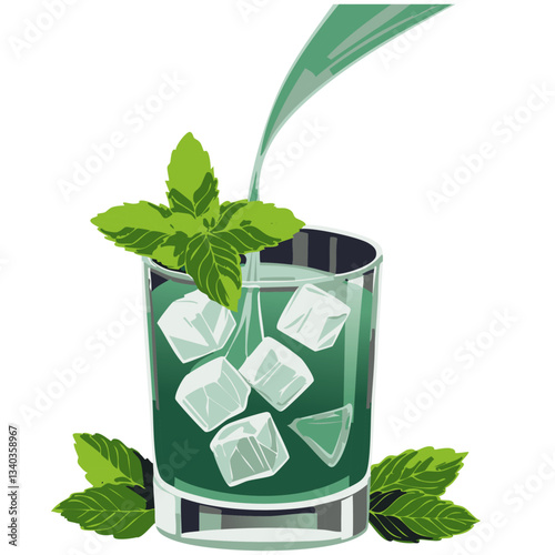 A refreshing and vibrant illustration of a tall glass filled with a green herbal drink, poured over ice cubes, garnished with fresh mint leaves and a slice of lime, creating a cool and invigorating co