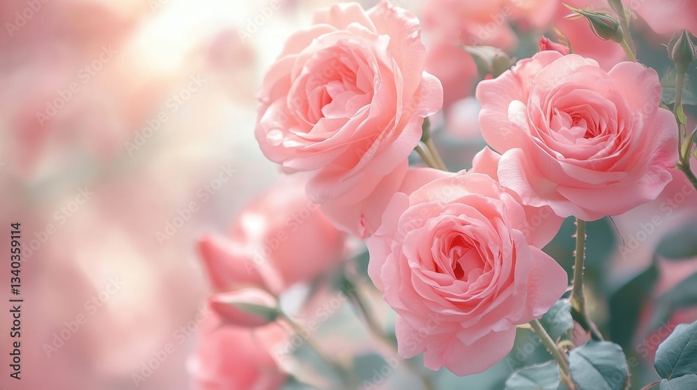 Captivating pink roses in soft light for romantic occasions and delicate floral designs and backgrounds with elegant petals Captivating pink roses in soft light for romantic occasions and delicate floral designs and backgrounds with elegant petals