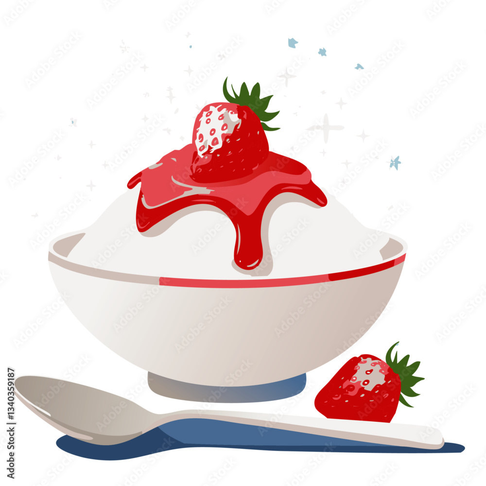 A beautifully illustrated bowl of vanilla ice cream topped with a fresh strawberry and drizzled with vibrant red strawberry sauce, accompanied by whole strawberries and a spoon on a clean, minimalist 