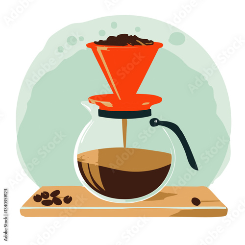 A stylish and minimalist illustration of a pour-over coffee maker with freshly ground coffee beans in a dripper, as rich, aromatic coffee slowly brews into a glass carafe, set against a clean, modern 