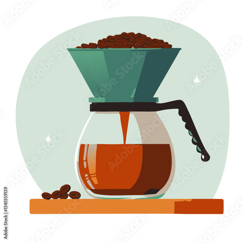 A stylish and minimalist illustration of a pour-over coffee maker with freshly ground coffee beans in a dripper, as rich, aromatic coffee slowly brews into a glass carafe, set against a clean, modern 