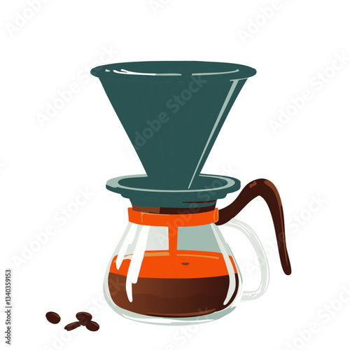 A stylish and minimalist illustration of a pour-over coffee maker with freshly ground coffee beans in a dripper, as rich, aromatic coffee slowly brews into a glass carafe, set against a clean, modern 