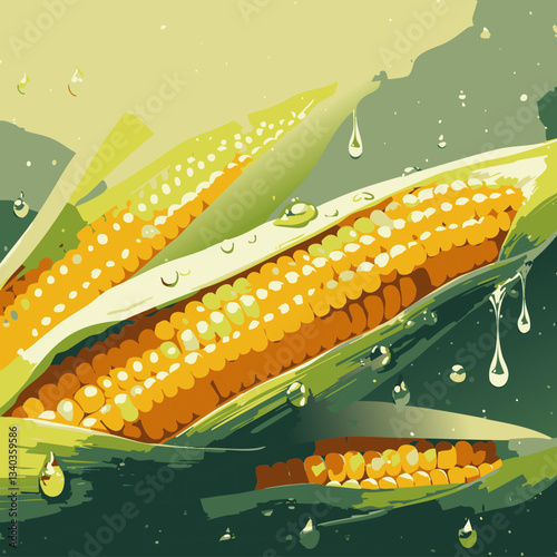 A vibrant and detailed illustration of a fresh ear of corn partially wrapped in its green husk, with golden kernels glistening and water droplets adding a sense of freshness.

