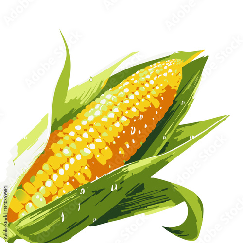 A vibrant and detailed illustration of a fresh ear of corn partially wrapped in its green husk, with golden kernels glistening and water droplets adding a sense of freshness.

