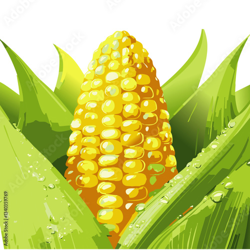 A vibrant and detailed illustration of a fresh ear of corn partially wrapped in its green husk, with golden kernels glistening and water droplets adding a sense of freshness.

