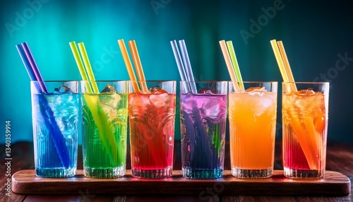 des verres a cocktails colores avec des pailles alignes sur une planche en bois photo