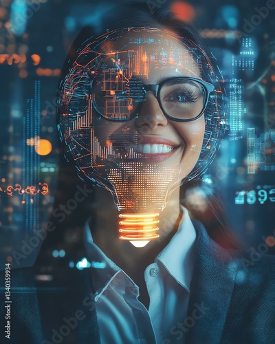 A woman with glasses smiling, showcasing digital data representation over her head, symbolizing innovation.