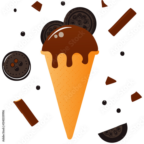 A rich and decadent illustration of a chocolate and vanilla soft-serve ice cream cone, drizzled with melted chocolate and topped with sandwich cookies, with crumbles scattered around for a dynamic eff