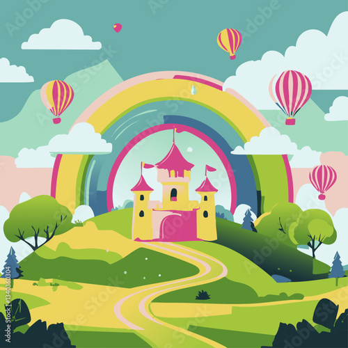 A whimsical and colorful illustration of a floating island with a fairytale castle, surrounded by mountains, a vibrant rainbow, fluffy clouds, and cheerful balloons.

