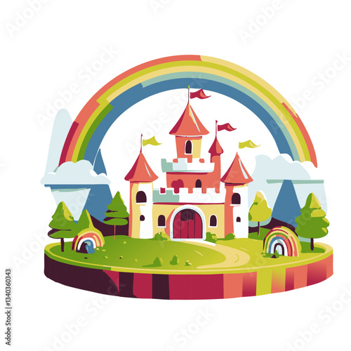 A whimsical and colorful illustration of a floating island with a fairytale castle, surrounded by mountains, a vibrant rainbow, fluffy clouds, and cheerful balloons.


