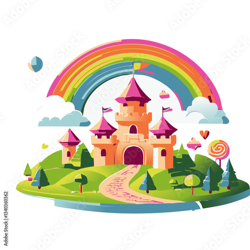 A whimsical and colorful illustration of a floating island with a fairytale castle, surrounded by mountains, a vibrant rainbow, fluffy clouds, and cheerful balloons.

