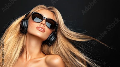 Captivating portrait of a glamorous fashionable European DJ woman wearing sleek sunglasses and professional headphones exuding confidence and style