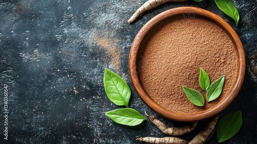 Elegant top view of arrowroot powder in wooden bowl with fresh green leaves on dark textured surface