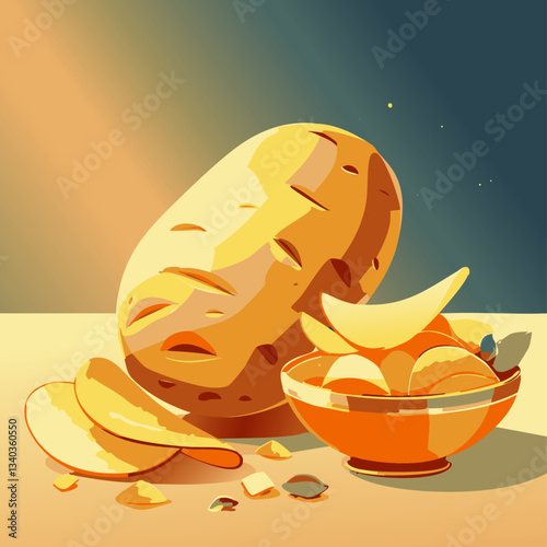 A beautifully illustrated composition of whole and sliced potatoes alongside crispy golden potato chips, set against a warm sunset background with a dreamy sky.

