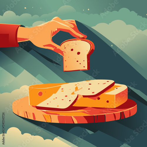 A surreal and artistic illustration featuring a hand picking up a slice of bread from a wooden board, with dramatic lighting and a dreamy sky filled with clouds in the background.

