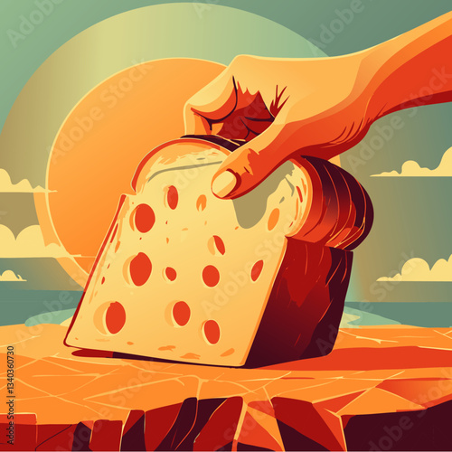 A surreal and artistic illustration featuring a hand picking up a slice of bread from a wooden board, with dramatic lighting and a dreamy sky filled with clouds in the background.

