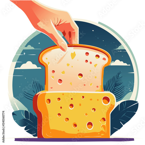 A surreal and artistic illustration featuring a hand picking up a slice of bread from a wooden board, with dramatic lighting and a dreamy sky filled with clouds in the background.

