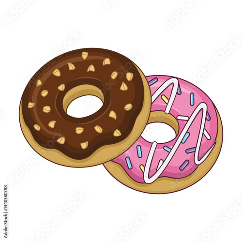 Tasty donuts with strawberry and chocolate peanuts topped. Vector illustration