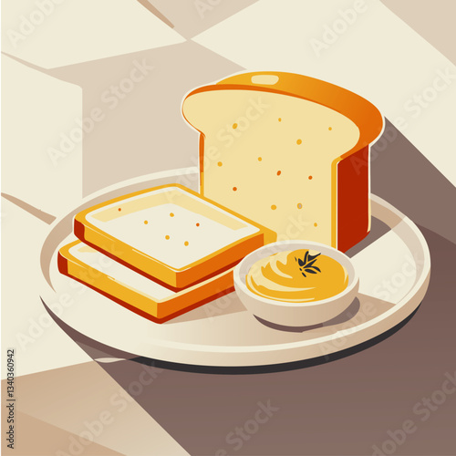 A warm and inviting illustration of a plate with slices of golden toasted bread, accompanied by a small bowl of creamy butter, set against a cheerful yellow background.

