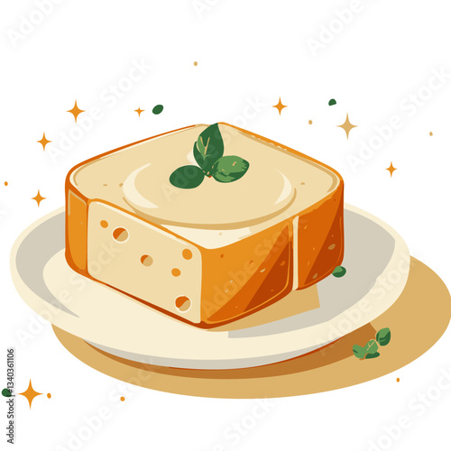 A beautifully illustrated square cheesecake with a smooth, creamy texture, topped with a glossy apricot glaze, a swirl of whipped cream, and a fresh mint leaf, set on a wooden board.

