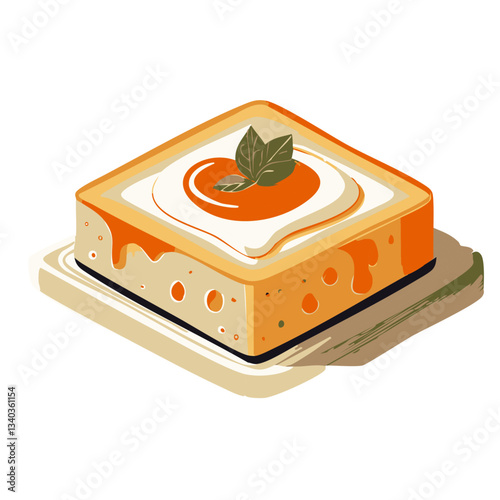 A beautifully illustrated square cheesecake with a smooth, creamy texture, topped with a glossy apricot glaze, a swirl of whipped cream, and a fresh mint leaf, set on a wooden board.

