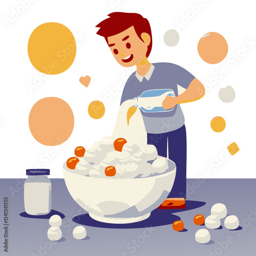 A surreal and creative illustration featuring a man pouring milk into an oversized bowl filled with marshmallows, set against a dreamy sky with soft clouds and a warm sun.

