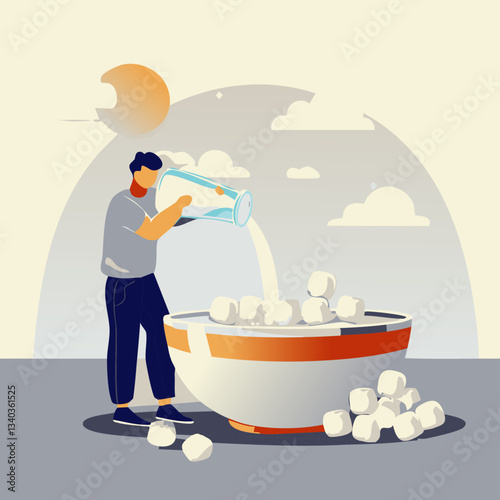 A surreal and creative illustration featuring a man pouring milk into an oversized bowl filled with marshmallows, set against a dreamy sky with soft clouds and a warm sun.

