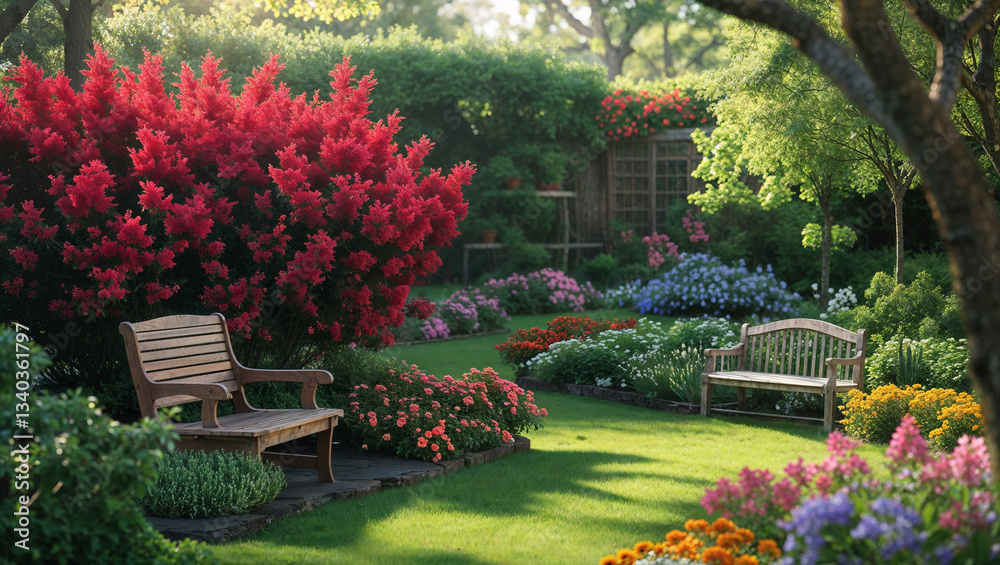 Fototapeta premium Lush green garden with a wooden bench surrounded by colorful blooming flowers and vibrant plants creating a relaxing outdoor landscape with a peaceful and tranquil atmosphere