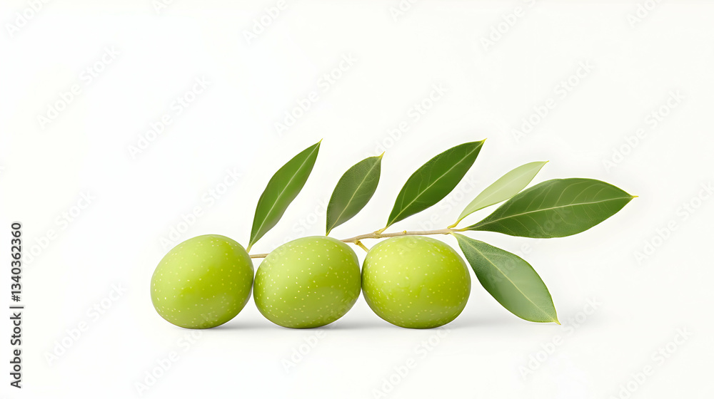 Fresh Green Olives with Leaves on White Background Fresh Green Olives with Leaves on White Background