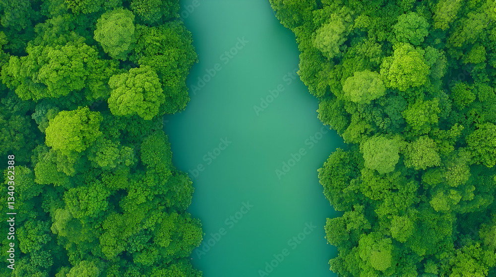 Naklejka premium Aerial View of Lush Green Forest Surrounding Tranquil River