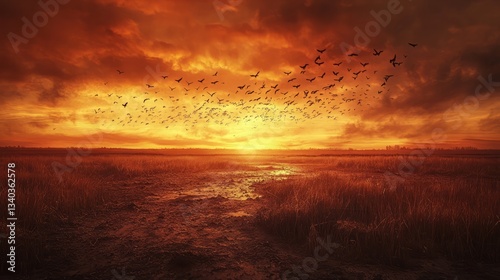 Flock of birds flying away from a dried-up wetland, brown and desolate