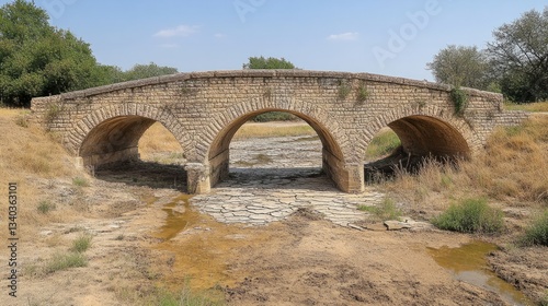 Old bridge over a dry riverbed, showing the severity of drought 