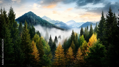 Scenic dawn atmosphere nature photography in a misty pine forest
