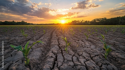 Sunset over a dry field, dramatic lighting on a lifeless landscape
