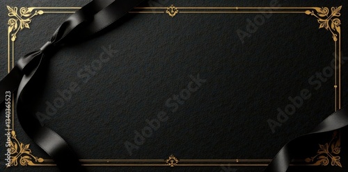 Luxurious black invitation card with gold foil details and satin ribbon, VIP, floral design