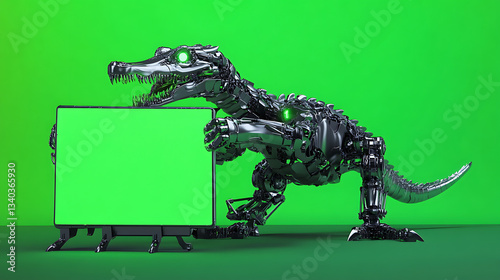 Futuristic robotic dinosaur presenting a blank screen in a vibrant green studio setting