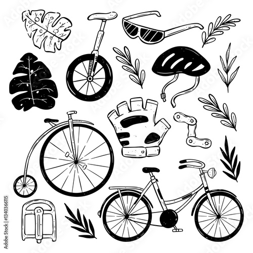 set of bicycle elements with doodle art style