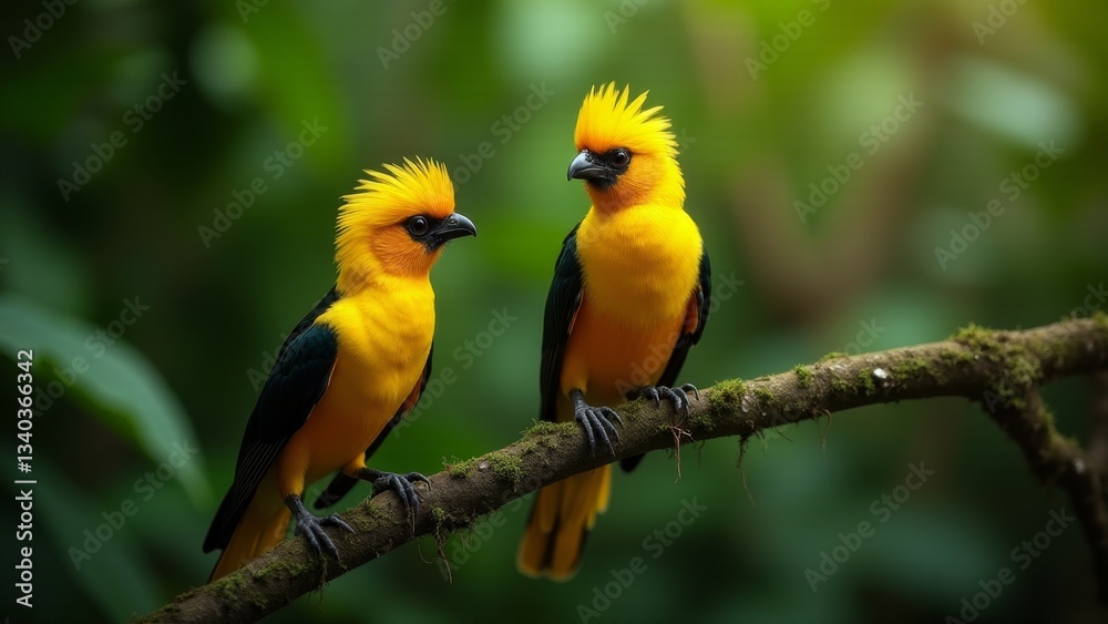 Naklejka premium Two Golden-Collared Manakin Birds Perched On Branch
