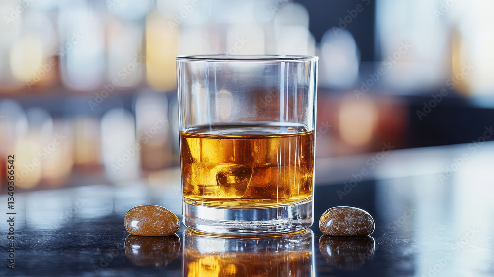 glass of whiskey, smooth and inviting, on bar top glass of whiskey, smooth and inviting, on bar top